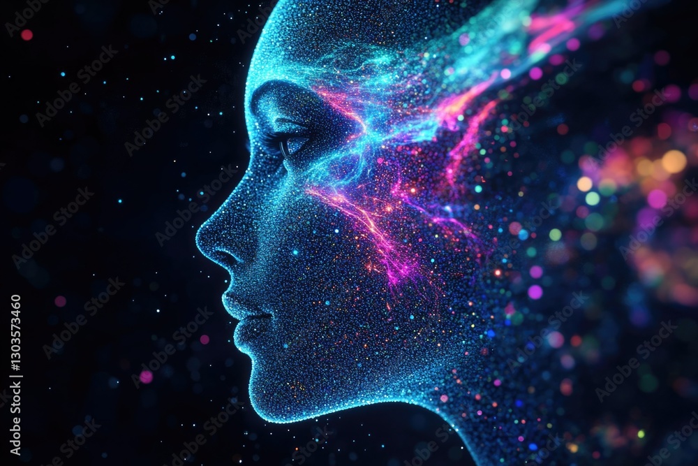 Futuristic concept with a human profile inside a vibrant cosmic brain. Ideal for science, technology, and psychological themes. Futuristic concept with a human profile inside a vibrant cosmic brain. Ideal for science, technology, and psychological themes.