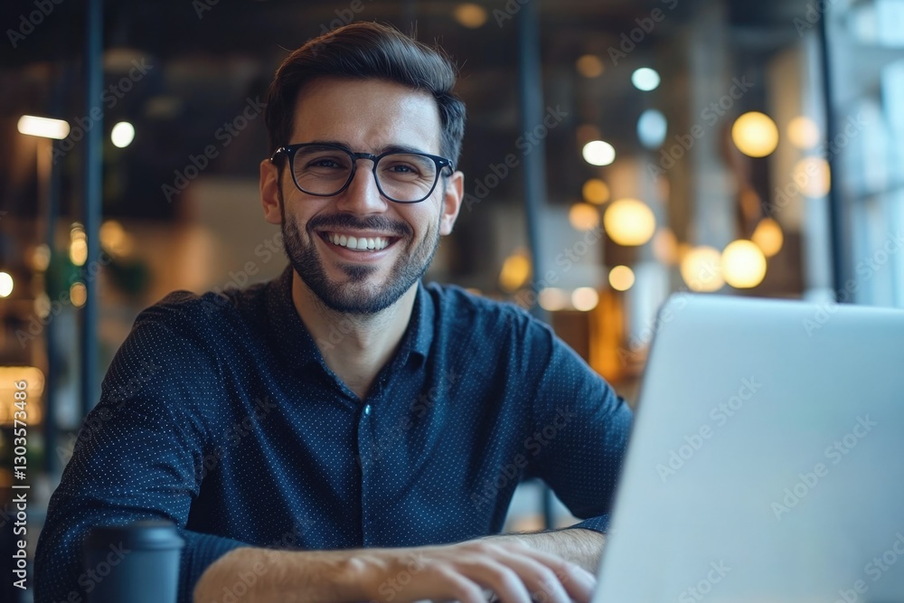 A man smiling while working on his laptop in a modern office. He represents a happy, productive employee in contemporary business environments.