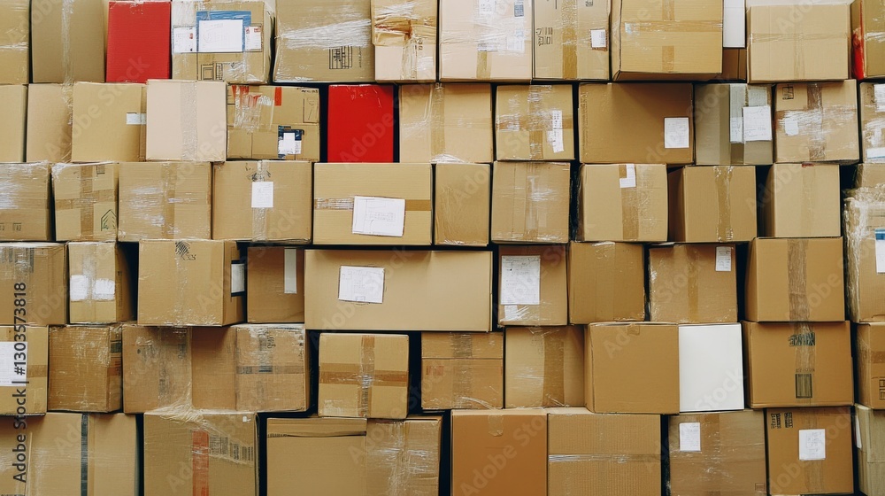 A Wall of Stacked Cardboard Boxes in Various Sizes Arranged Neatly for Shipping and Storage Purposes, Highlighting Warehouse Organization and Efficiency A Wall of Stacked Cardboard Boxes in Various Sizes Arranged Neatly for Shipping and Storage Purposes, Highlighting Warehouse Organization and Efficiency