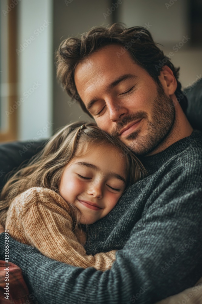 Hugging, smiling child snuggled with dad on couch Hugging, smiling child snuggled with dad on couch