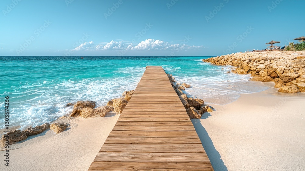 Naklejka premium Tropical wooden pier leading to turquoise sea, sunny beach, resort in background