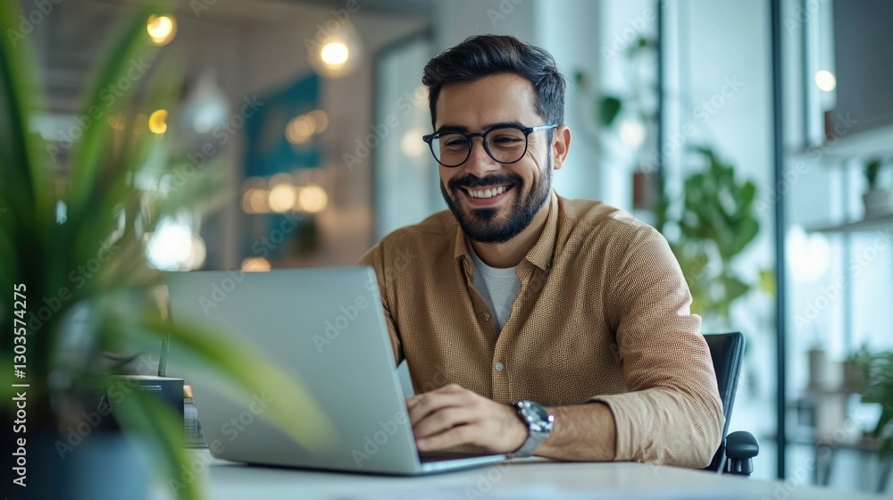 A cheerful man working on his laptop with a smile, representing the benefits of technology and productivity in the business world. A cheerful man working on his laptop with a smile, representing the benefits of technology and productivity in the business world.