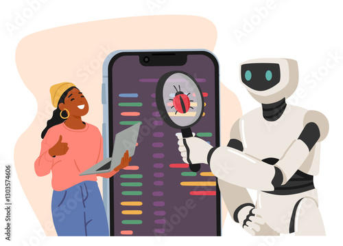 Woman programmer and artificial intelligent bot providing automated process of software testing