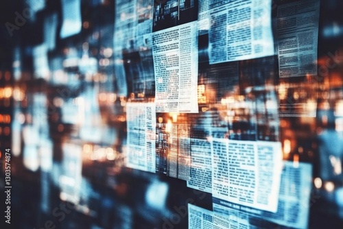 Abstract representation of newspaper articles layered over each other with a blurred background, illustrating the flow of information in the digital age and modern communication.