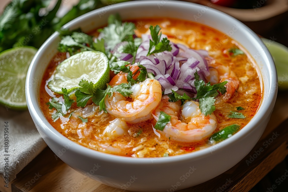 Delicious Spicy Shrimp Tom Yum Soup Recipe Asian Cuisine Food Photography Bowl Lime Garnish Red Onions Cilantro Herbs Tasty Aromatic Fresh Ingredients Delicious Spicy Shrimp Tom Yum Soup Recipe Asian Cuisine Food Photography Bowl Lime Garnish Red Onions Cilantro Herbs Tasty Aromatic Fresh Ingredients