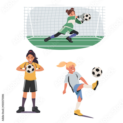 Girls little football players cartoon characters enjoying team game training or championship match