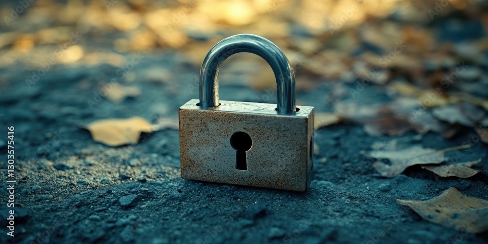 Fototapeta premium Key and lock sitting on a leafy pavement. Autumnal, textured image.