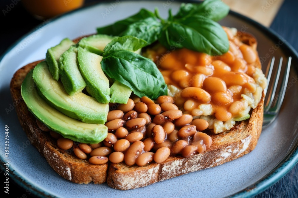 Close-up of a plate with English breakfast toast, including avocado and baked beans. Vegetarian meal option. Close-up of a plate with English breakfast toast, including avocado and baked beans. Vegetarian meal option.