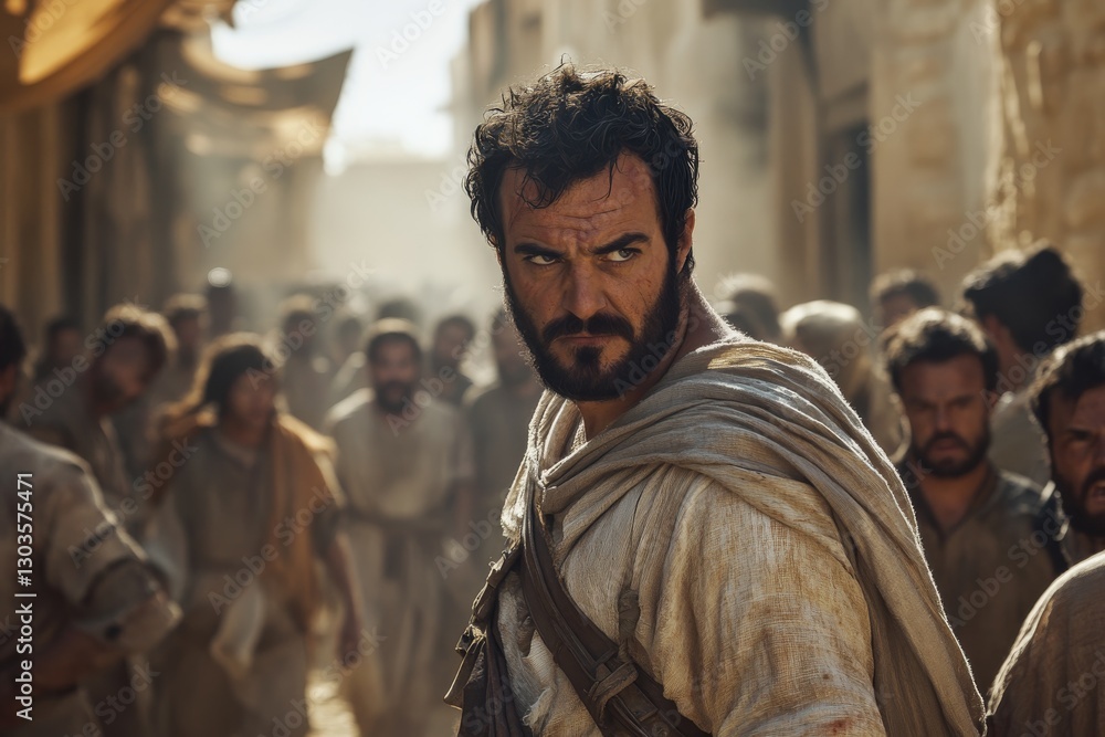 Saul of Tarsus in pursuit of Christians in a village. Biblical depiction of Saul of Tarsus leading a group of soldiers in a hunt for Christians. Saul of Tarsus in pursuit of Christians in a village. Biblical depiction of Saul of Tarsus leading a group of soldiers in a hunt for Christians.