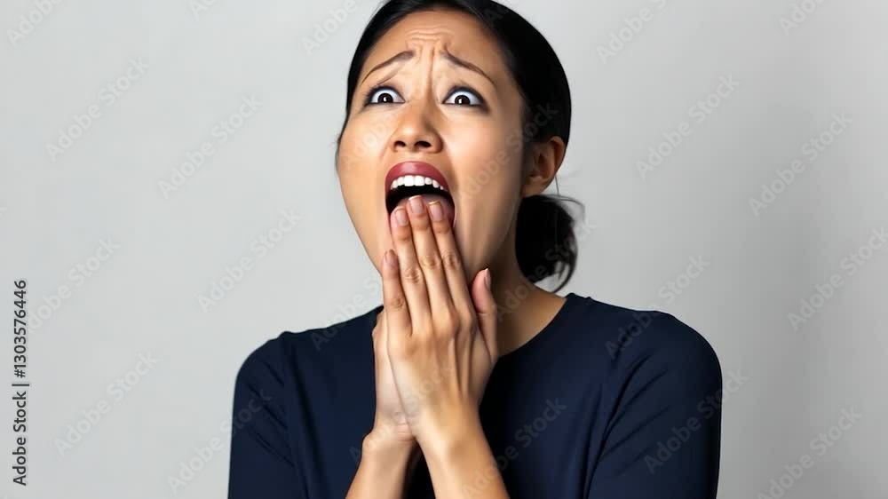 A surprised woman expressing shock with hands on her face against a neutral background A surprised woman expressing shock with hands on her face against a neutral background