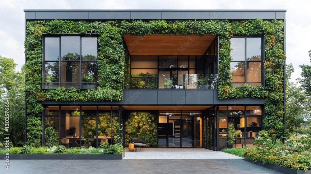 Fototapeta premium Biophilic Building with Lush Greenery on the Facade. Generative AI