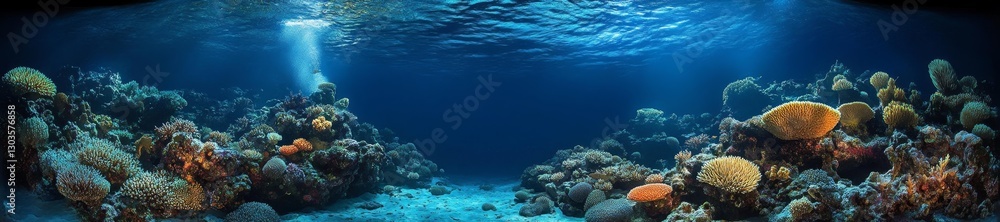 Fototapeta premium A tranquil and vibrant coral reef scene glowing under the water filled with colorful corals and fish swimming in harmony. Generative AI