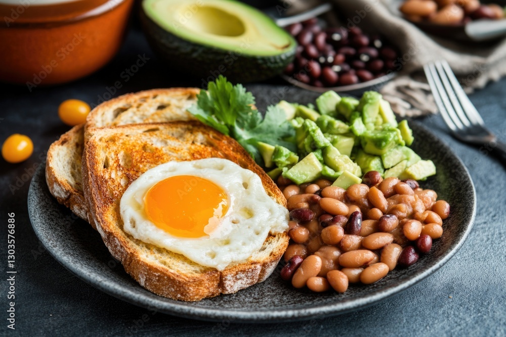 Egg, avocado, beans and toast on a plate. Egg, avocado, beans and toast on a plate.