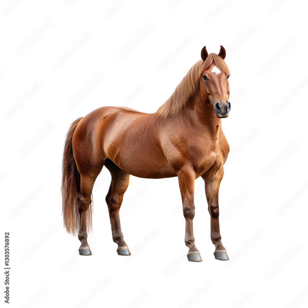 Fototapeta premium A strong chestnut horse stands confidently with a glossy coat, showcasing its well-defined musculature and striking features.