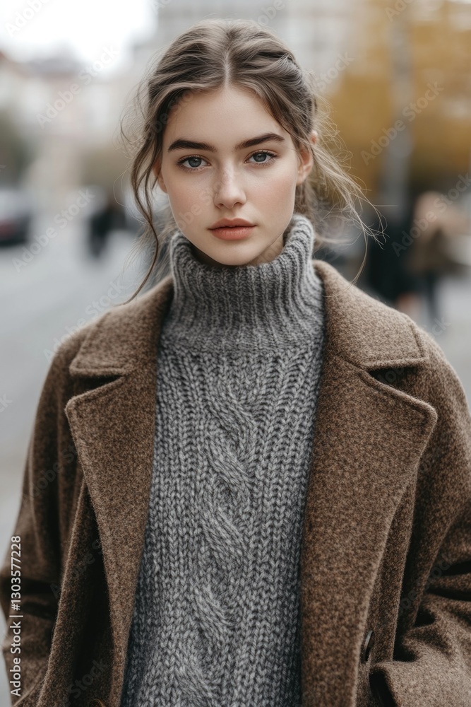 Model posing in urban streetwear with knit sweater, brown coat and contemporary accessories. Model posing in urban streetwear with knit sweater, brown coat and contemporary accessories.