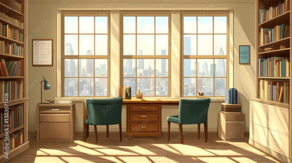 Cozy study room with city view, ideal for work or study Cozy study room with city view, ideal for work or study