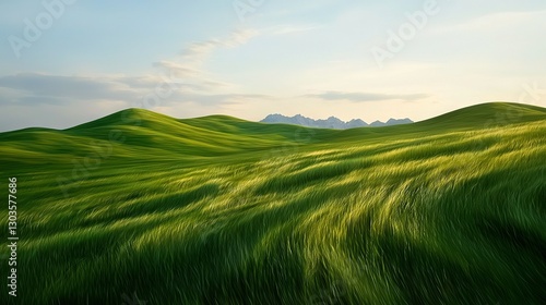   Green Field, Mountains, Blue Sky