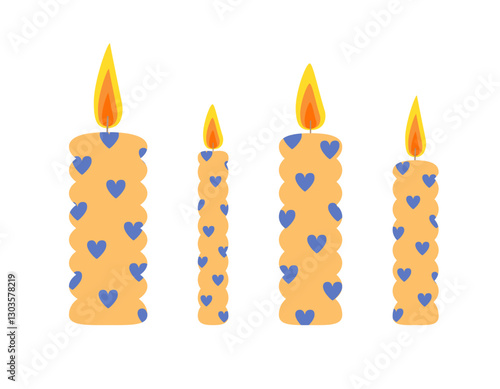 Candles set hand drawn flat vector illustration, colorful holiday celebration collection of decorated with hearts objects of different sizes for birthday, wedding, Christmas, any other purpose