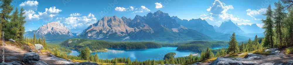 Breathtaking view of a pristine lake surrounded by towering mountains in Banff National Park. Generative AI Breathtaking view of a pristine lake surrounded by towering mountains in Banff National Park. Generative AI