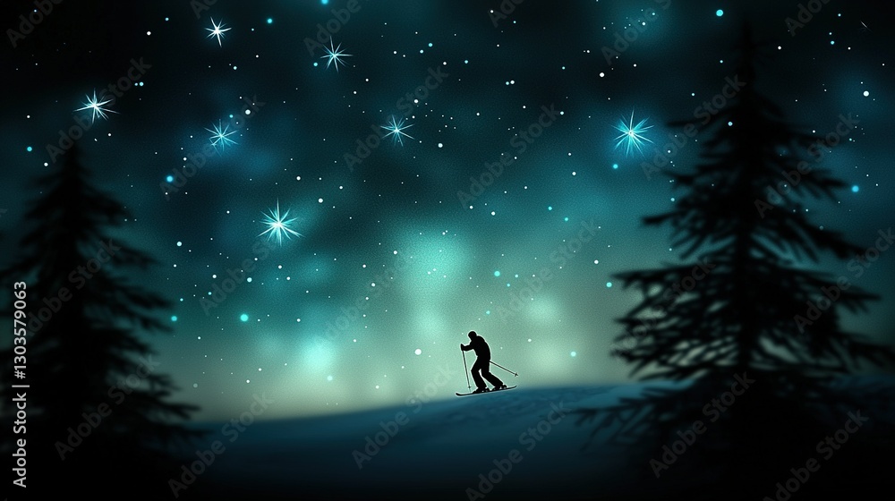 A man skiing down a snowy mountain at night under a starry sky and full moon A man skiing down a snowy mountain at night under a starry sky and full moon