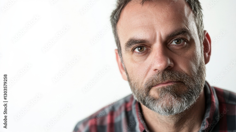 Obraz premium Serious Mature Man Portrait with Plaid Shirt on White Backdrop