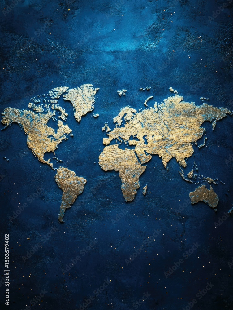 Gold foil world map on dark background with star-like texture.