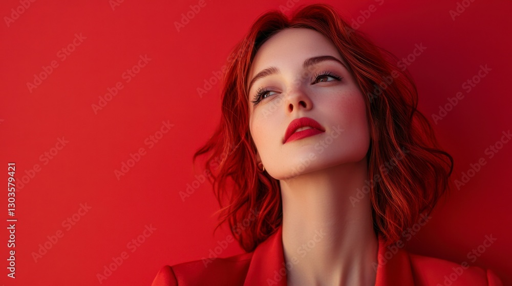 Striking Portrait of a Beautiful Redhead Woman in a Red Suit, Looking Upward with Confidence Striking Portrait of a Beautiful Redhead Woman in a Red Suit, Looking Upward with Confidence