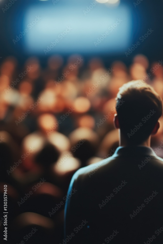Fototapeta premium Man at lectern speaking to audience, spotlight on speaker. Professional setting at event.