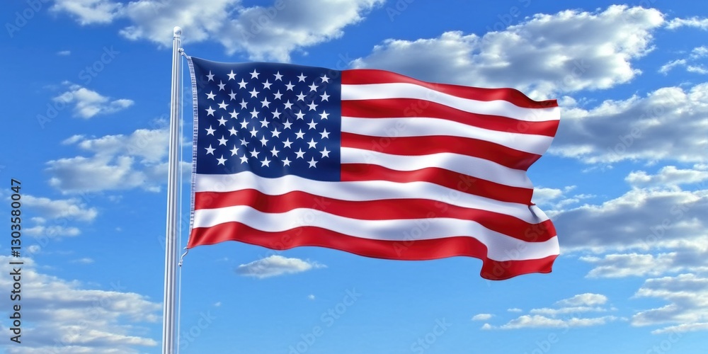 Flag of the United States of America fluttering in breeze against blue sky. Flag of the United States of America fluttering in breeze against blue sky.