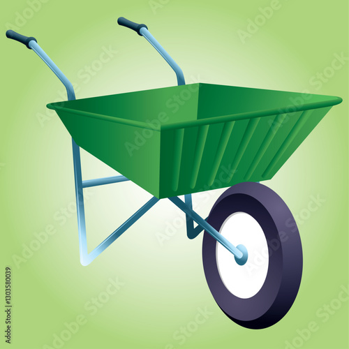 An illustration of a garden wheelbarrow tool. 