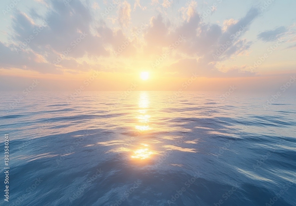 Fototapeta premium Tranquil Ocean Sunrise with Soft Clouds and Golden Sunlight Reflecting on Calm Water Surface in Serene Nature Scene