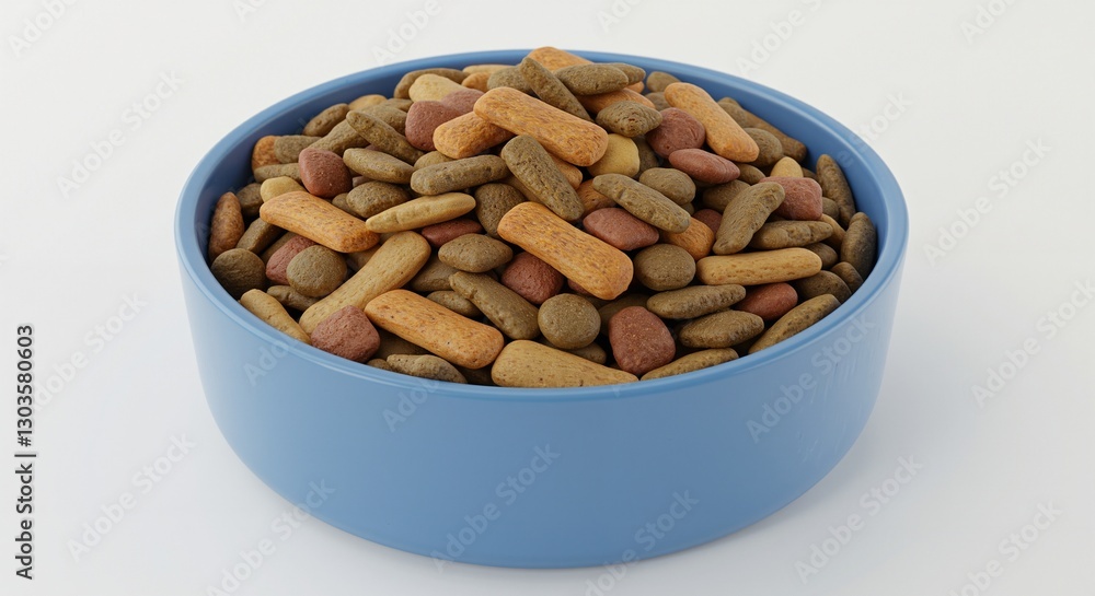 Dog food bowl filled with colorful kibble in a bright blue bowl representing pet nutrition and care with a clean white background Dog food bowl filled with colorful kibble in a bright blue bowl representing pet nutrition and care with a clean white background