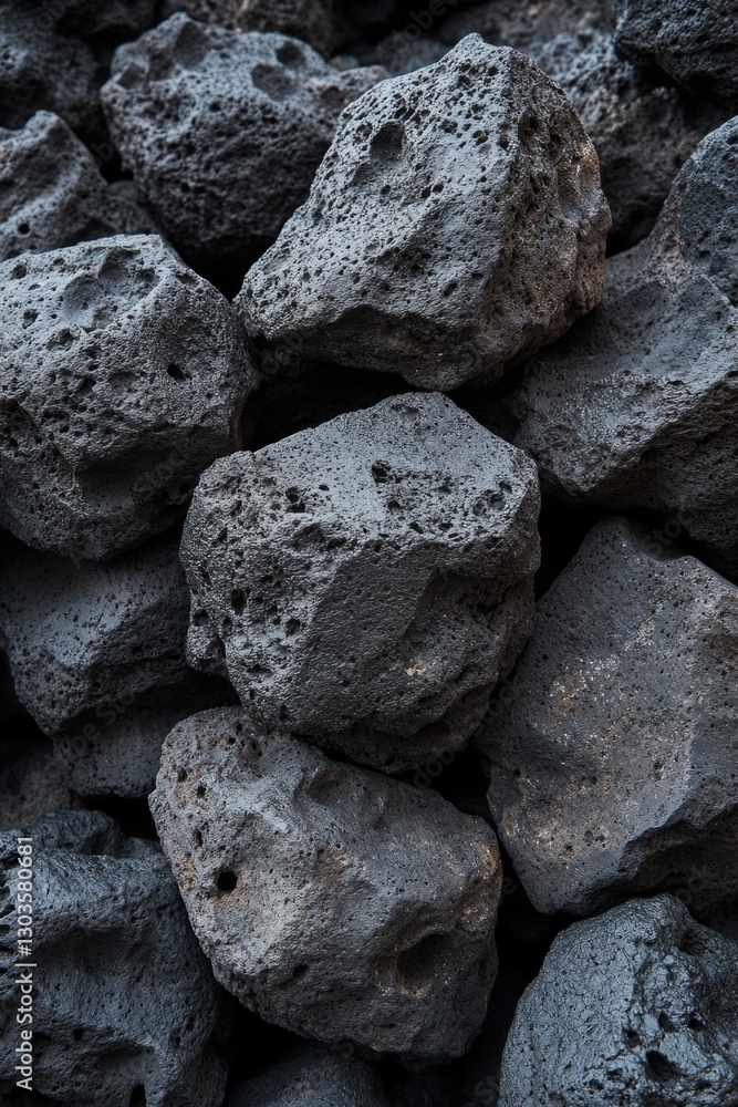 The black and rough-textured rocks are basalt, mined from a volcano. They're used in various industrial applications such as construction, metallurgy and more. The black and rough-textured rocks are basalt, mined from a volcano. They're used in various industrial applications such as construction, metallurgy and more.