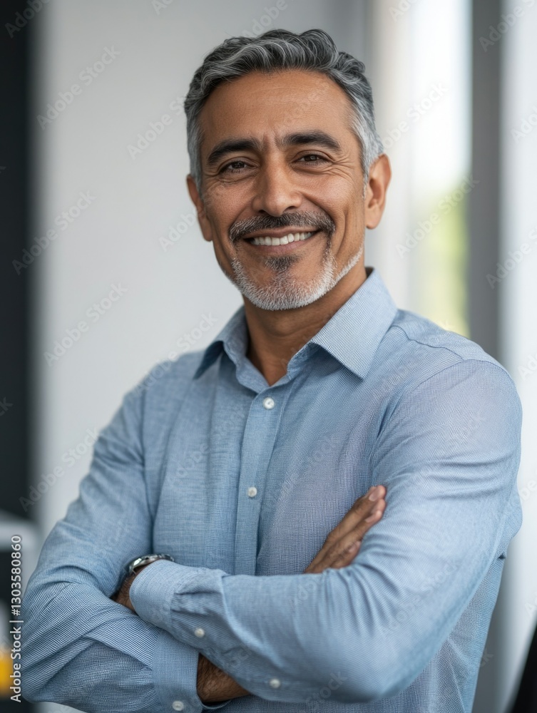 Happy professional man with beard and mustache smiling in office environment. Happy professional man with beard and mustache smiling in office environment.