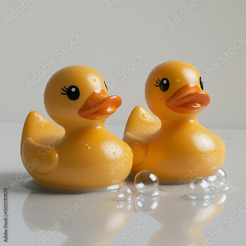 Focus on colorful rubber duckies and bubbles in a striking frame on white.