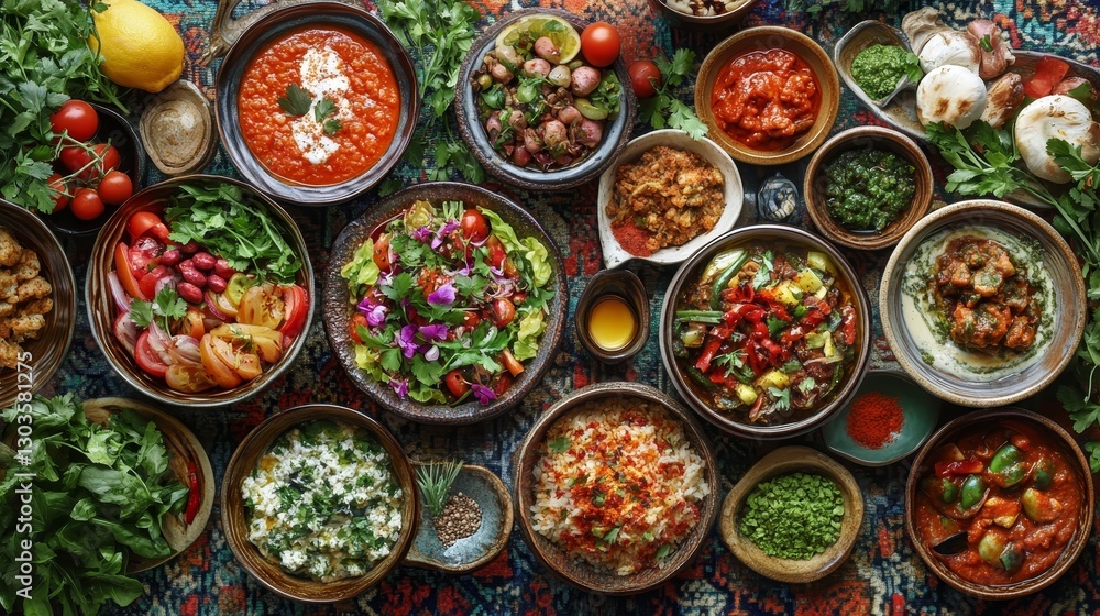 Vegetarian Feast Bowls of Colorful Dishes on Textile, healthy food, cuisine Vegetarian Feast Bowls of Colorful Dishes on Textile, healthy food, cuisine