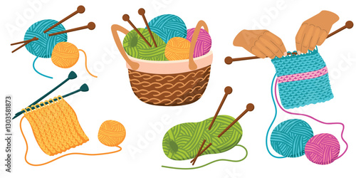 Skeins of yarn and knitting needles set. Basket with threads, knitted fabric and hands  at work knitting. Vector designs elements in cartoon  isolated on white background. Flat color illustration.