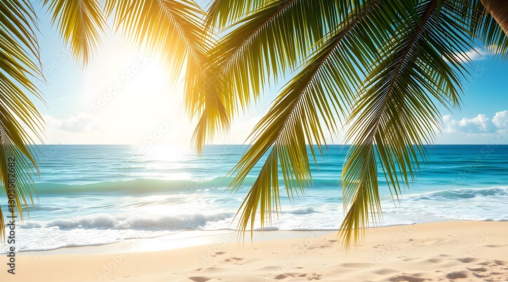 Fototapeta premium Sunlight filters through palm trees, casting a warm glow on the tranquil beach and inviting waves, creating an idyllic tropical paradise perfect for relaxation and escape. 
