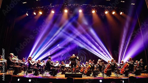 Orchestral Performance Under Dramatic Lights Featuring Musicians Playing String Instruments in a Mystical Atmosphere with Colorful Spotlights and Breathtaking Effects