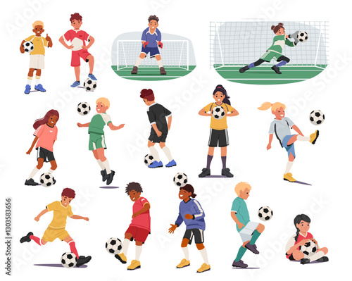 Diverse children football players cartoon characters wearing sports uniform enjoying game time