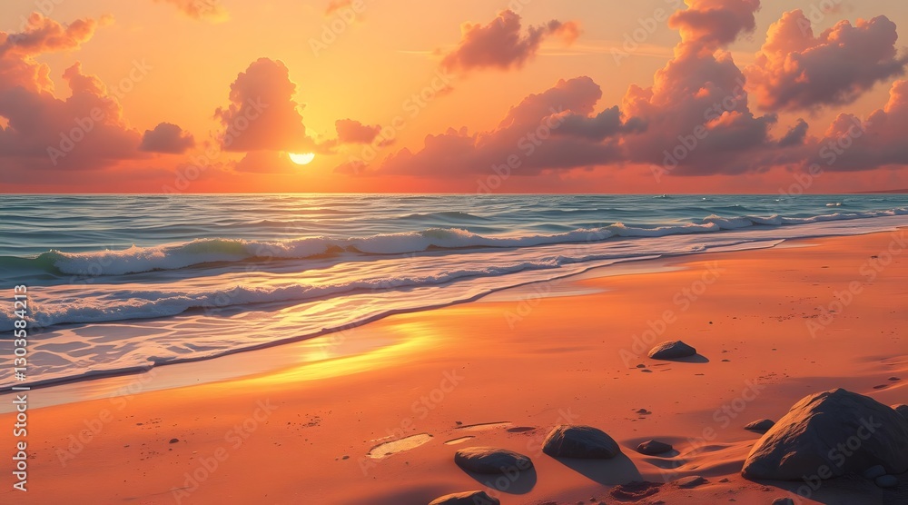 Obraz premium A serene beach scene at sunset, featuring gentle waves lapping against the shore, soft golden sand, and dramatic clouds, creating a peaceful and idyllic atmosphere perfect for relaxation and escape. 
