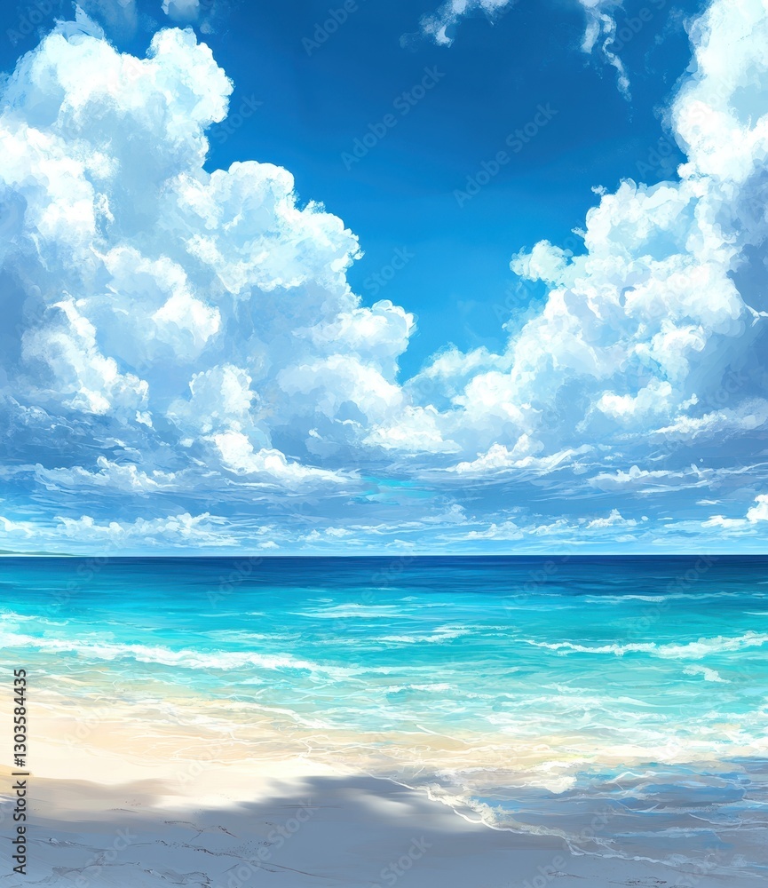 Obraz premium Tranquil Seascape with Soft White Clouds and Turquoise Ocean Under a Bright Blue Sky Captured on a Sunny Day at the Beach