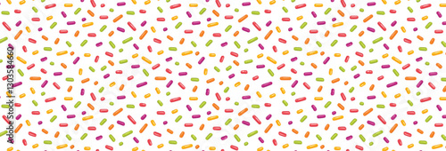 Summer festive seamless pattern with confetti or sprinkles for donuts. Repeating background, vector illustration for holiday, birthday, gift paper, decoration.