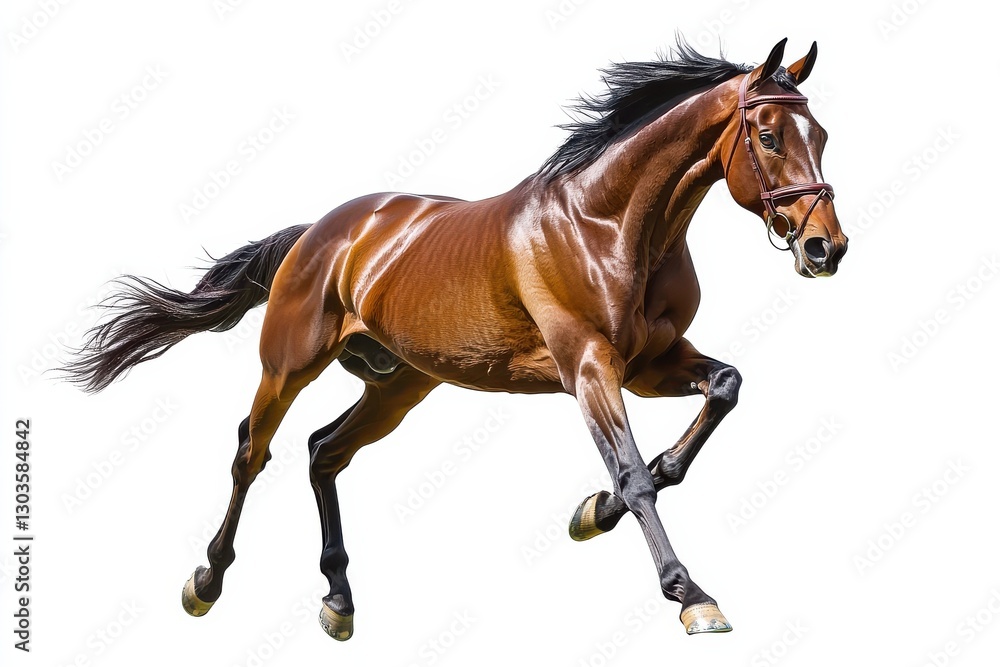 Obraz premium A magnificent horse gallops energetically in a bright studio setting, showcasing its powerful form isolated on transparent background