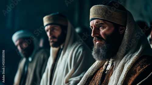 Close-up of pharisees at the time of Jesus reading books of the Torah in the synagogue. Biblical representation of the pharisees in religious attire.
