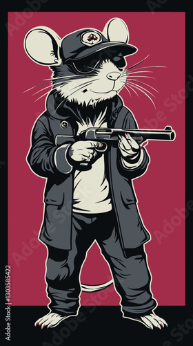 Gangster Mouse Vector Illustration with Gun in Minimalist Flat Style