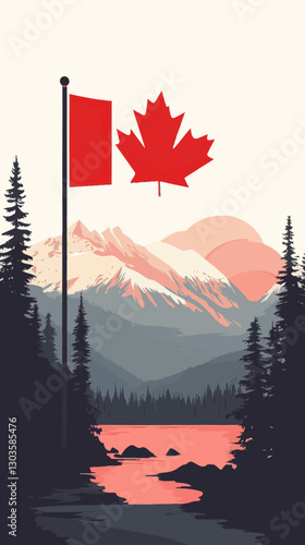 Majestic Canadian Landscapes with Flag in Minimalist Vector Style