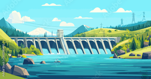 Minimalist Vector of Hydroelectric Dam in Scenic River Landscape with Eco-Friendly Energy Theme