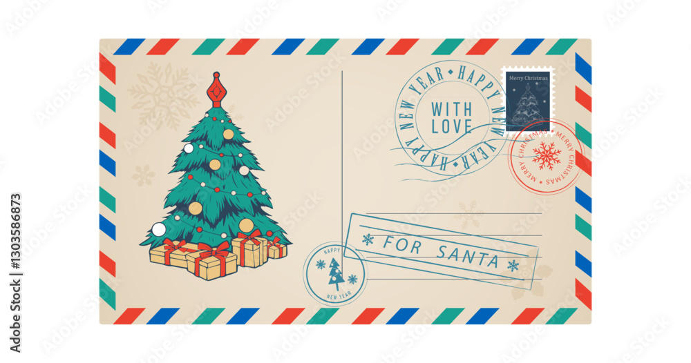Envelope with Christmas tree and gift boxes image, for Santo Kraus retro style Christmas greeting card. Vector illustration, vintage, isolated on white background
Envelope with Christmas tree and gift boxes image, for Santo Kraus retro style Christmas greeting card. Vector illustration, vintage, isolated on white background