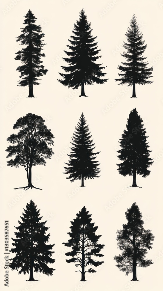 Silhouettes of Various Trees Against a Light Background Silhouettes of Various Trees Against a Light Background